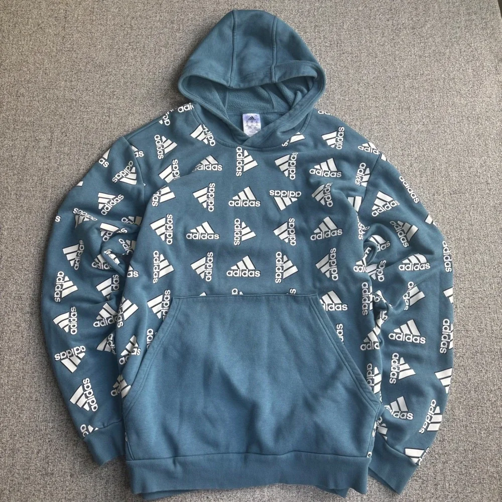 Adidas Hoodie Mens 2XL Blue All Over Print Logo Pullover Fleece Sweatshirt